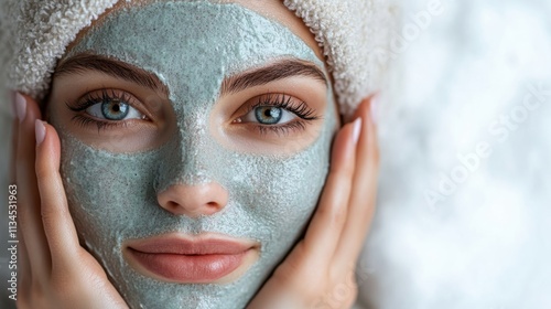 A woman applies a green facial mask, promoting skincare and relaxation.