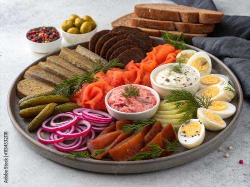 Colorful Zakuski Platter with Assorted Ingredients and Breads photo