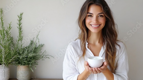 A smiling woman holding a small bowl, surrounded by plants, conveying a sense of wellness.