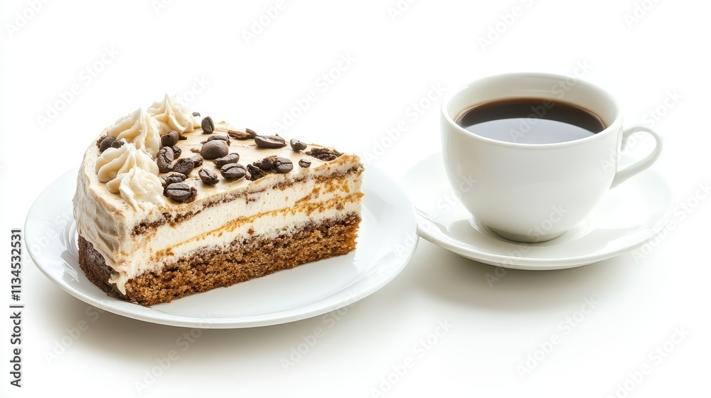 a piece of cake with a cup of coffee on a white background a piece of cake with a cup of coffee on a white background