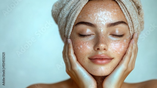 A serene young woman with a towel on her head, applying a facial treatment.