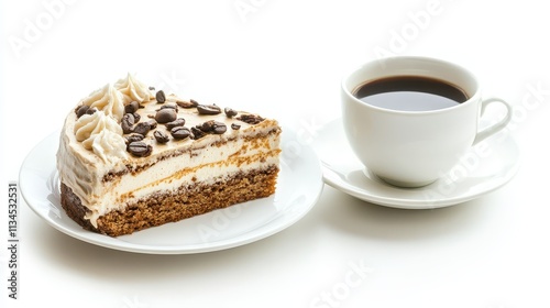 a piece of cake with a cup of coffee on a white background