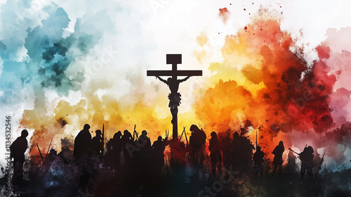 Jesus dies on the Cross. Digital watercolor painting.	