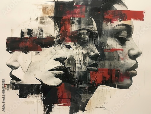 Powerful abstract artwork featuring a series of overlapping faces rendered in monochromatic tones with striking red accents, exploring themes of identity and emotion through dynamic brushwork and expr photo