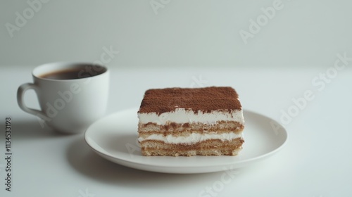 a piece of cake with a cup of coffee on a white background