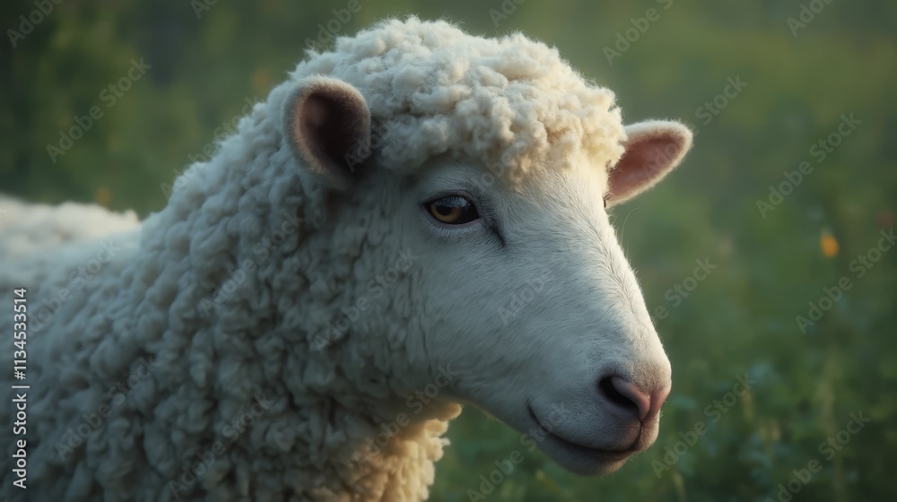 A close up of a white sheep standing in a field