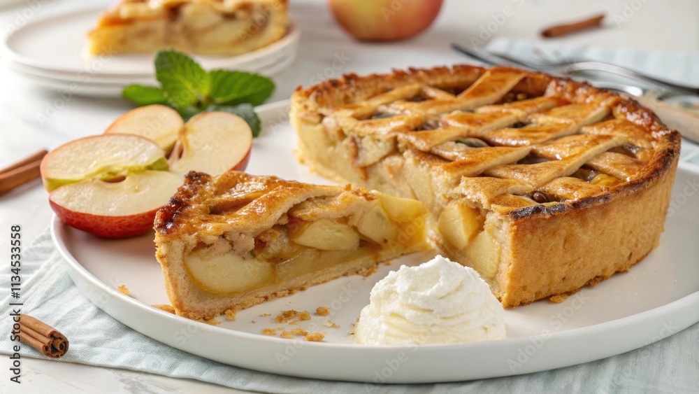 Delicious Sharlotka Apple Cake Sliced with Whipped Cream Delicious Sharlotka Apple Cake Sliced with Whipped Cream