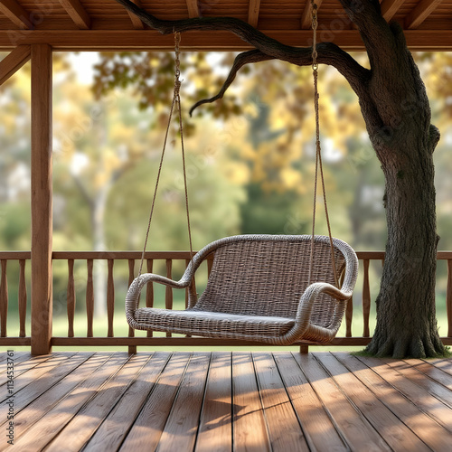 Wooden bench under a shady tree in a lush green garden, perfect for relaxing outdoors