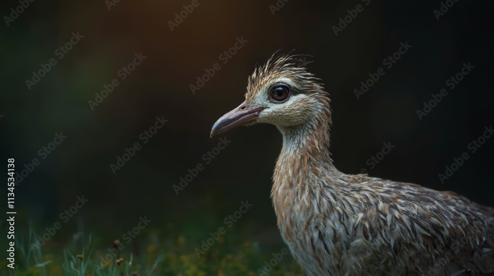 A small bird sitting on top of a lush green field A small bird sitting on top of a lush green field