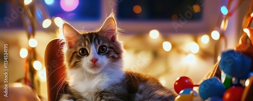 Playful kitten sitting among colorful toys with festive lights in a cozy warm room setting photo