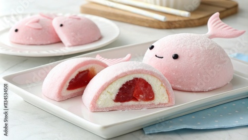 Kujira Mochi with Strawberry Filling on Plate photo