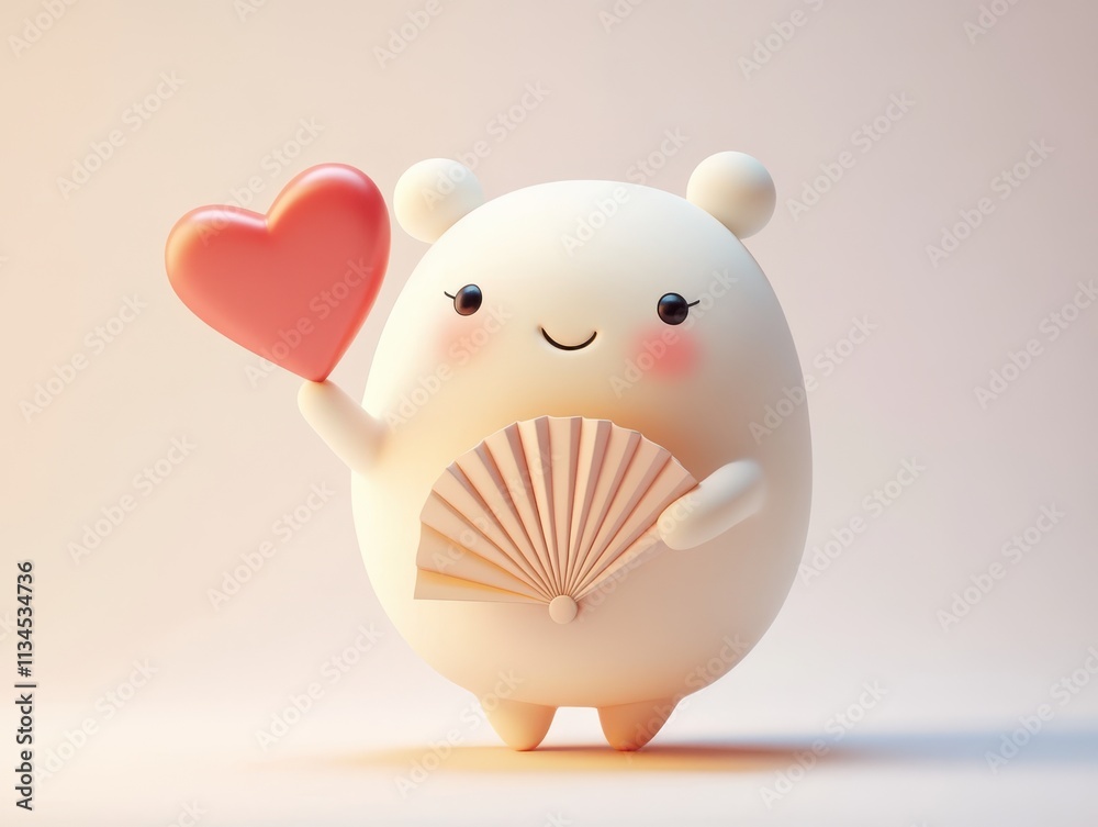A 3D character waving with a heart-shaped fan in their hand on a white background A 3D character waving with a heart-shaped fan in their hand on a white background