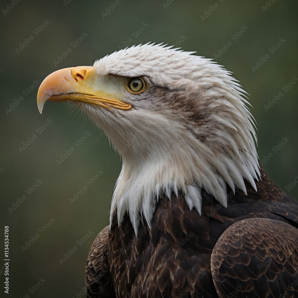 Obraz premium A side profile of a bald eagle, showcasing its sharp beak and white head, with no background distractions.