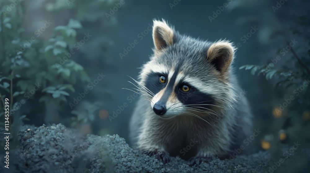 Εκτύπωση καμβά A raccoon sitting in the middle of a forest