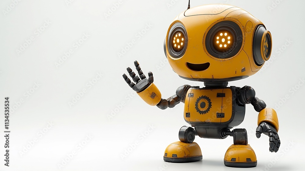 Friendly Cartoon Robot Waving with Gears and Lights on White Background Friendly Cartoon Robot Waving with Gears and Lights on White Background