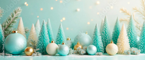 Mint and white Christmas tree  with many ornaments and balls on banner blue background