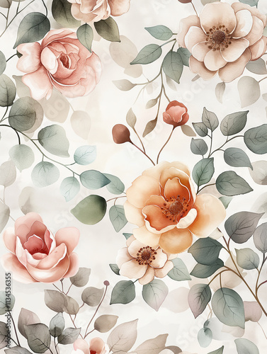 Floral watercolor roses and petals in soft pastel colors, botanical garden with delicate vines