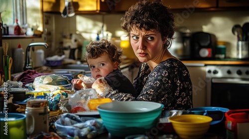 Stressed mother with toddler in messy kitchen. photo