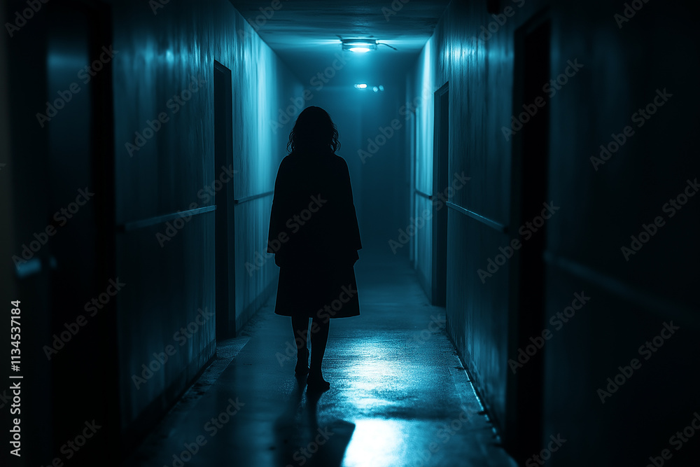Dark hallway with mysterious figure walking at night. Generative AI