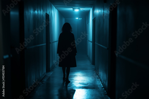 Dark hallway with mysterious figure walking at night. Generative AI