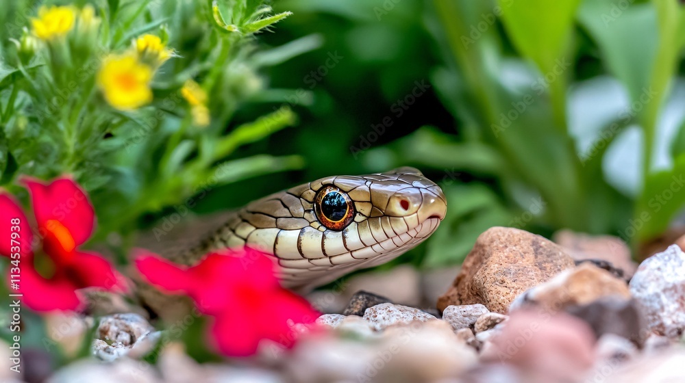 Snake observing flowers in garden nature photography close-up view vibrant environment wildlife concept Snake observing flowers in garden nature photography close-up view vibrant environment wildlife concept