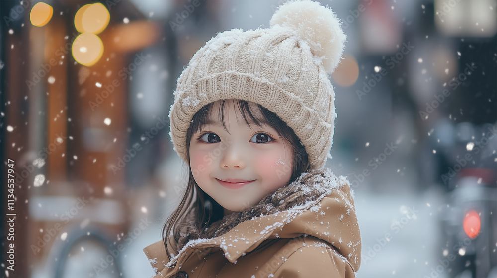 伝統的な街並みで微笑む雪の中の日本人の女の子 伝統的な街並みで微笑む雪の中の日本人の女の子