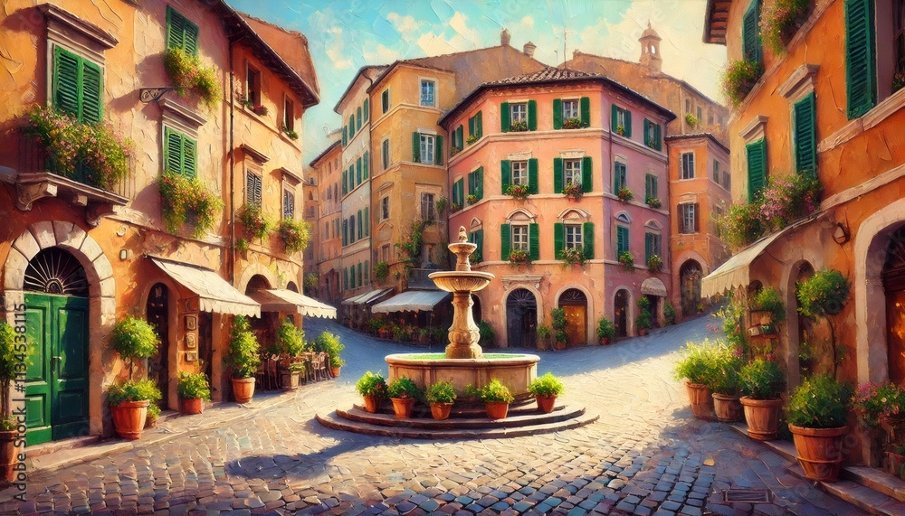 Fototapeta premium Picturesque italian square with fountain and traditional buildings