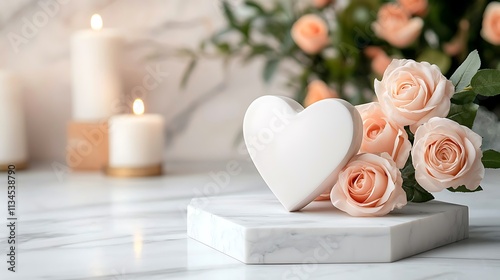 Cozy valentine's day background hearts and roses on a marble table with soft lighting
