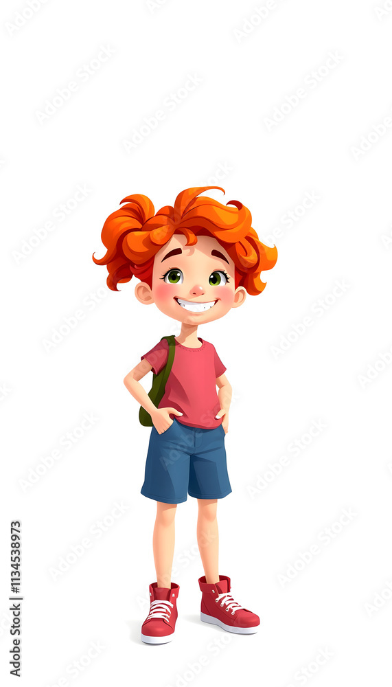Happy young girl with red curly hair, low-poly, with white tones Happy young girl with red curly hair, low-poly, with white tones