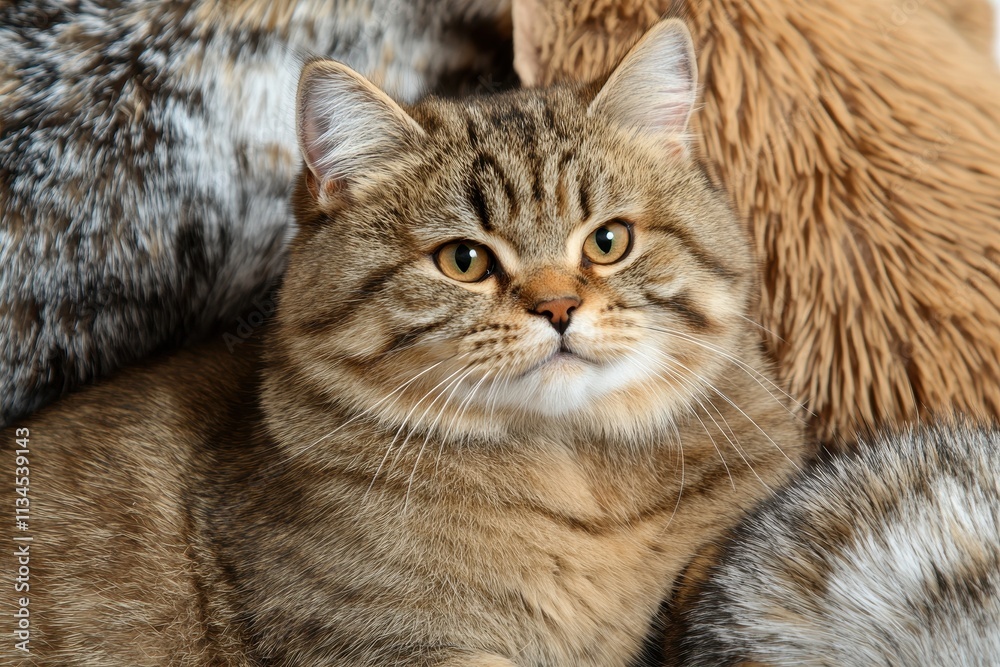 Cute and Fluffy Domestic Cat with Striped Fur Relaxing Among Soft Fur Backgrounds Cute and Fluffy Domestic Cat with Striped Fur Relaxing Among Soft Fur Backgrounds