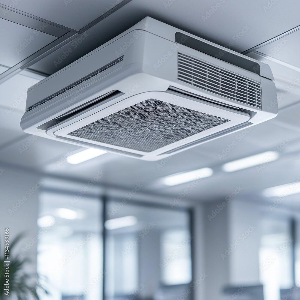 White ceiling air conditioner in a modern office interior, close-up view. White ceiling air conditioner in a modern office interior, close-up view.