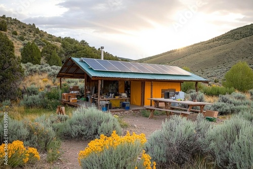 hyper realistic photo of  Ranchos de Taos valley green landscape in summer and solar panels during sunset with sun rays in New Mexico