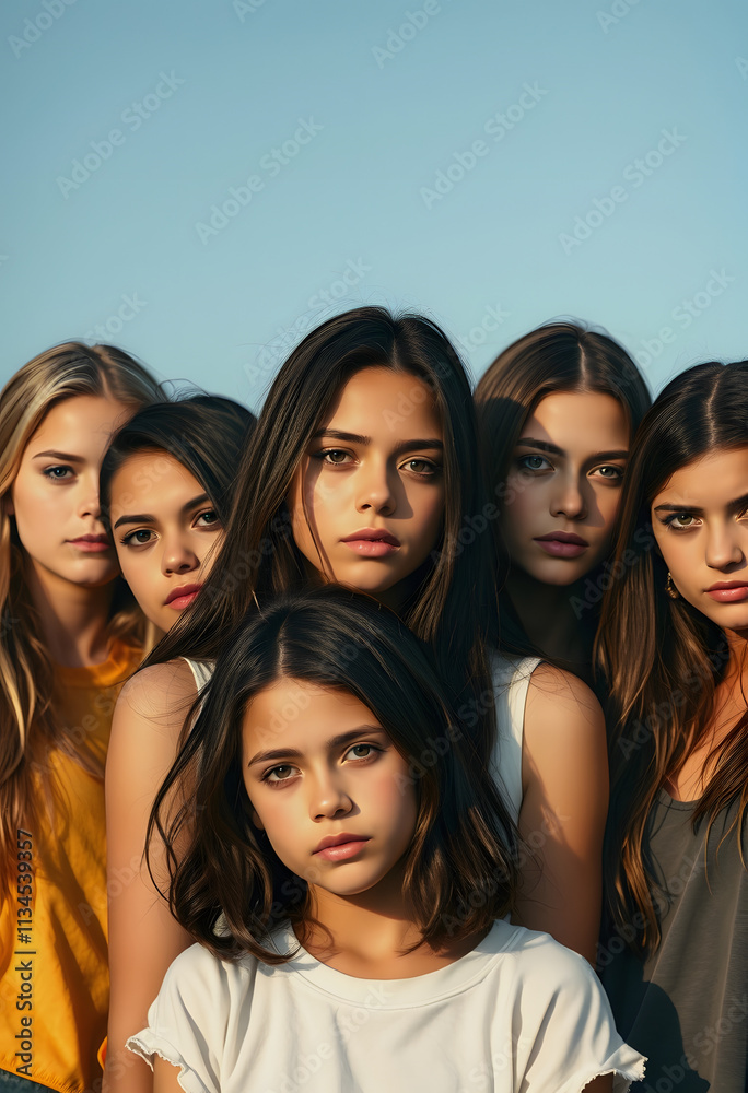 Obraz premium Group of serious beautiful teenage girls looking at the camera, detailed, with white tones