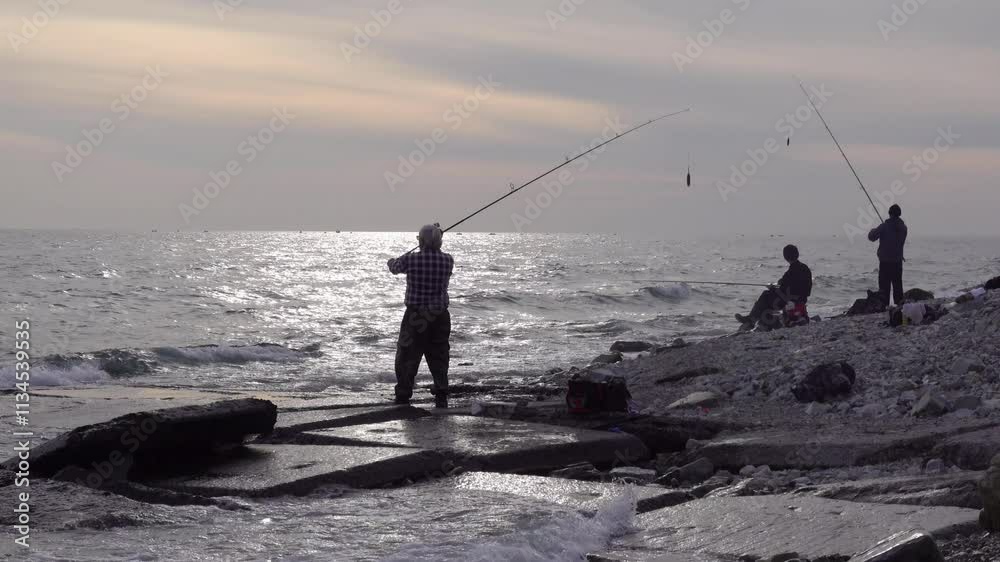 Many fishermen catch mullet fish on a spinning rod on the sea coast. Many fishermen catch mullet fish on a spinning rod on the sea coast.