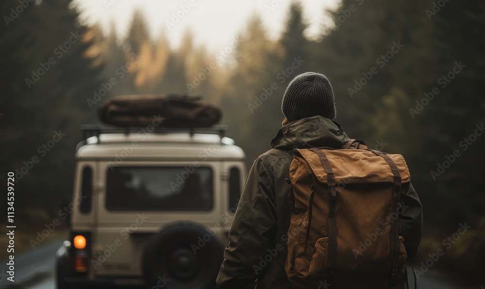 Adventurer in Forest with Vehicle and Backpack Adventurer in Forest with Vehicle and Backpack