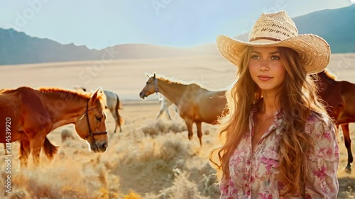 Modern cowgirl with a straw hat, standing confidently with horses in the background