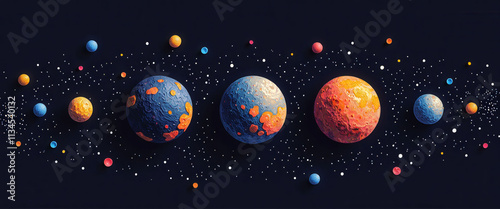 A colorful painting of four planets and a star. The planets are of different sizes and colors, and the star is in the middle. The painting has a whimsical and playful mood photo