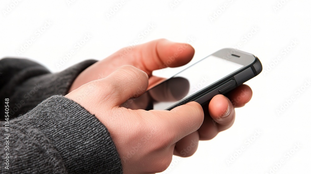 Person Holding Mobile Phone on White Background with Hands Person Holding Mobile Phone on White Background with Hands