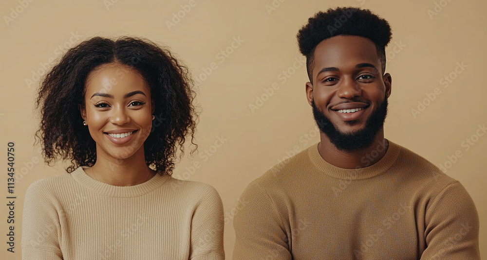 Poster for advertising, Young adult two students smiling with arms folded on a beige background Poster for advertising, Young adult two students smiling with arms folded on a beige background