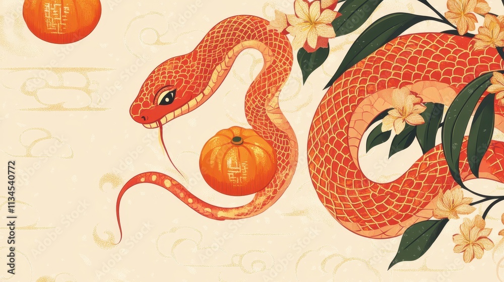 Fototapeta premium Happy Chinese New Year 2025,Year of the snake zodiac sign,Snake illustration and design,Asian elements gold paper cut style,Lunar new year concept,New Year card 2025.