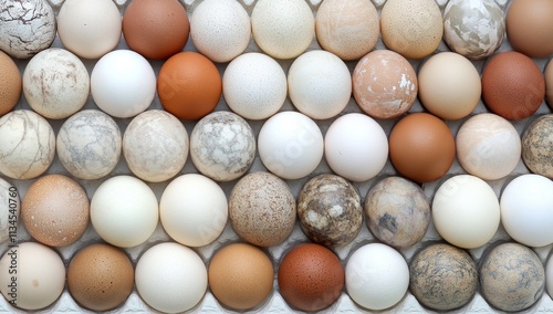 Eggs of various colors arranged in rows on egg cartons captured from above with natural lighting
