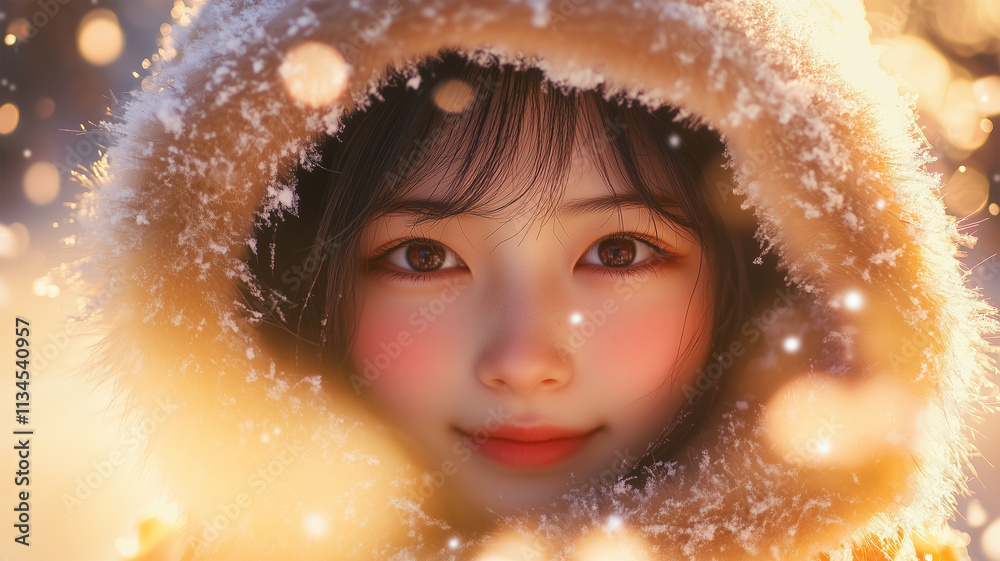雪の中で笑顔の日本人の少女 雪の中で笑顔の日本人の少女