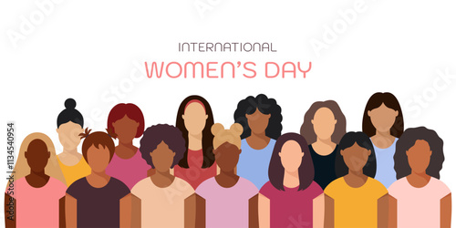 Horizontal banner for International Women's Day. It features a crowd of modern women of various nationalities and religions. Vector illustration.