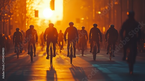 Silhouettes of people riding bicycles at sunset