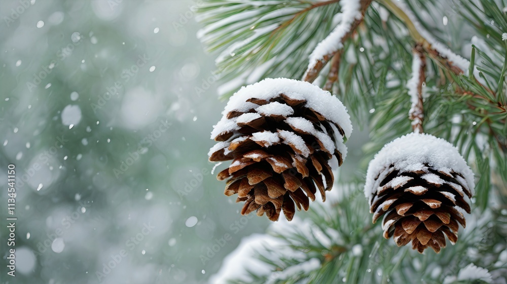 A detailed macro photograph capturing snow-frosted pinecones on an evergreen branch, emphasizing natural beauty and the essence of the winter season. A detailed macro photograph capturing snow-frosted pinecones on an evergreen branch, emphasizing natural beauty and the essence of the winter season.