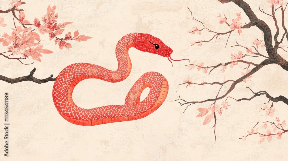 Obraz premium Happy Chinese New Year 2025,Year of the snake zodiac sign,Snake illustration and design,Asian elements gold paper cut style,Lunar new year concept,New Year card 2025.