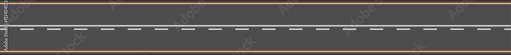 Straight empty road with white dashed line and yellow borders extending into the distance creates a sense of endless possibility and journey Straight empty road with white dashed line and yellow borders extending into the distance creates a sense of endless possibility and journey