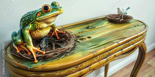 Frog Figurine, Bird Figurine, and Bamboo-Style Table photo