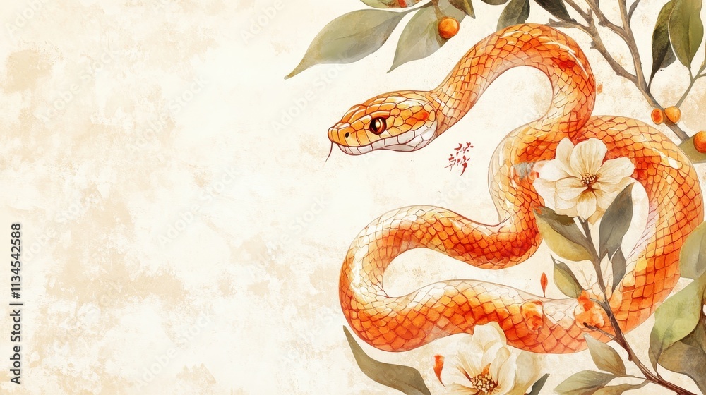 Obraz premium Happy Chinese New Year 2025,Year of the snake zodiac sign,Snake illustration and design,Asian elements gold paper cut style,Lunar new year concept,New Year card 2025.