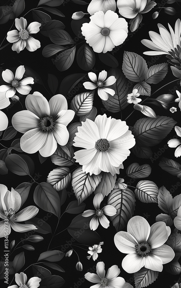 Elegant black and white floral pattern with artistic flowers and petals Elegant black and white floral pattern with artistic flowers and petals
